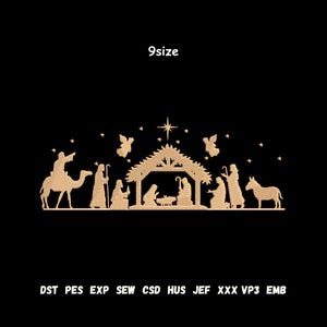 May include: A tan-colored Nativity scene silhouette with a star, angels, and the text "9size" on a black background. The scene depicts the traditional figures of the Nativity story, including the baby Jesus, Mary, Joseph, and the Three Wise Men.