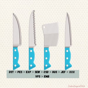Könnte beinhalten: Illustration von vier Küchenmessern mit silbernen Klingen und hellblauen Griffen. Die Messer umfassen ein Schälmesser, ein gezahntes Messer, ein Hackmesser und ein Kochmesser. Der Text unten lautet "DST > PES > EXP > SEW > CSD > HUS > JEF > XXX VP3 > EMB".
