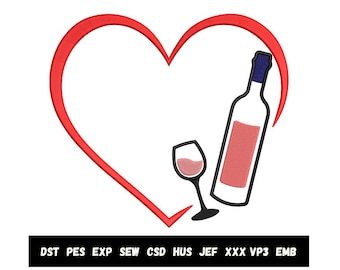 Liebe mit Wein Stickdatei | Weinflasche, Glas (PES)