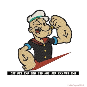 May include: Embroidered design of Popeye the Sailor Man flexing his arm, with an anchor tattoo. He wears a sailor hat, black shirt with gold buttons, and a red collar. The image includes the text "DST PES EXP SEW CSD HUS JEF XXX VP3 EMB".