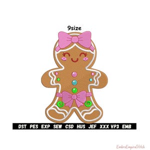 May include: A gingerbread person design with a pink bow, pink accents, and colorful candies. The design includes the text "9size" and various file format abbreviations at the bottom. The design is on a white background.