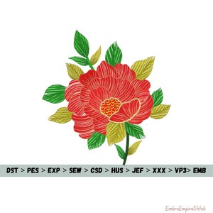 Disegno di ricamo con fiori rossi vivaci, ricamo a macchina digitale, ricamo floreale botanico, ricamo di fiori, ricamo estivo, ibisco