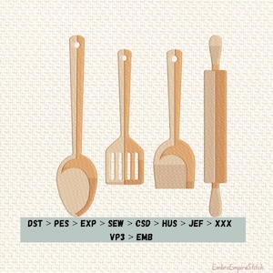 Könnte beinhalten: Illustration von vier Küchenutensilien: ein Löffel, ein Schlitzspatel, ein fester Spatel und ein Nudelholz. Die Utensilien sind hellbraun mit einer dunkleren braunen Kontur. Das Bild enthält Text am unteren Rand.