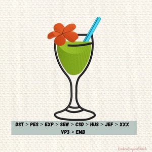 May include: A cocktail glass illustration filled with green liquid, a blue straw, and an orange flower. The glass has a black outline. The text at the bottom reads DST > PES > EXP > SEW > CSD > HUS > JEF > XXX VP3 > EMB.