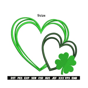 May include: Green heart-shaped embroidery design with a shamrock. The design features two hearts, one outlined in a lighter green and the other in a darker green, with a textured shamrock. The text "9size" is above the hearts.