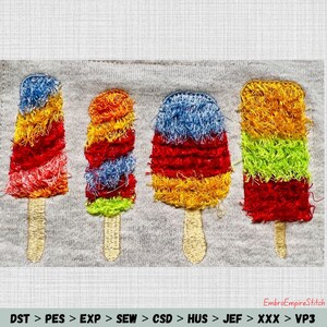 May include: Embroidered image of four colorful popsicle designs on a gray background. Each popsicle features layered colors like red, yellow, blue, and green, with a wooden stick. The text "EmbroEmpireStitch" is in the bottom right corner.