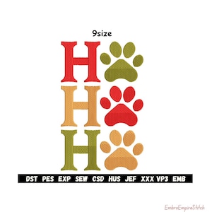 May include: An embroidered design featuring the letters "HHH" in red, gold, and green, with paw prints in matching colors. The text "9size" is above the letters. The bottom of the design includes the text "DST PES EXP SEW CSD HUS JEF XXX VP3 EMB".