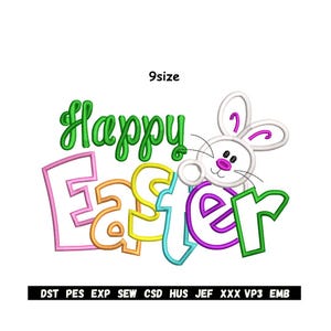 Könnte beinhalten: Ein farbenfrohes Happy-Easter-Design mit einem weißen Hasen mit rosa Akzenten und dem Text "Happy Easter" in Grün, Rosa, Orange, Gelb, Türkis und Lila. Das Design enthält den Text "9size" und eine Liste von Dateitypen.