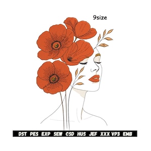 May include: An embroidered design featuring a woman's profile with closed eyes, red lips, and a crown of orange poppies. The design includes the text "9size" and a list of file formats at the bottom.