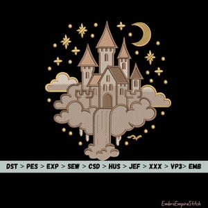 May include: An embroidered design of a castle floating on clouds, with a waterfall cascading down. The castle is in shades of brown and tan, with gold stars and a crescent moon. The text "DST > PES > EXP > SEW > CSD > HUS > JEF > XXX > VP3> EMB" is at the bottom.