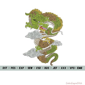 May include: An embroidered design of a green and brown dragon with a white background. The dragon is depicted with intricate details, including scales, claws, and a flowing mane. The text "DST > PES > EXP > SEW > CSD > HUS > JEF > XXX > VP3> EMB" is at the bottom.