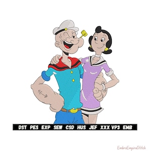 Puede incluir: Diseño bordado con los personajes de dibujos animados Popeye y Olivia. Popeye viste camisa azul, pantalón azul y gorro blanco, con una pipa en la boca. Olivia lleva un vestido morado. La imagen incluye texto en la parte inferior.