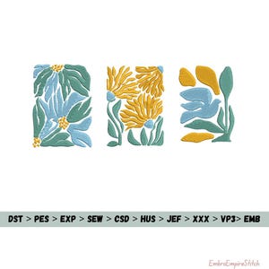 May include: Three rectangular embroidery designs featuring floral and bird motifs. The designs showcase blue, yellow, and green colors. The text "DST > PES > EXP > SEW > CSD > HUS > JEF > XXX > VP3> EMB" is at the bottom.