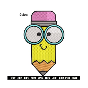 May include: A yellow pencil with a pink eraser, black tip, and large, round, blue-rimmed eyes. The pencil has a smiling face and the text "9size" above it. Below the pencil is a black bar with text.