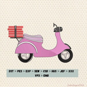 May include: Pink scooter with a black seat and wheels, carrying a stack of red boxes. The scooter has a white trim and is set against a textured background. Text at the bottom reads "DST > PES > EXP > SEW > CSD > HUS > JEF > XXX VP3 > EMB".