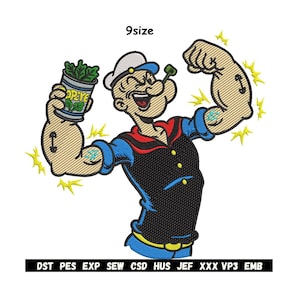 May include: Embroidered image of Popeye the Sailor Man flexing his arm, holding a can of spinach. He wears a sailor hat, blue shirt, black vest, and has a tattoo on his arm. The image includes the text "9size" and embroidery file formats.