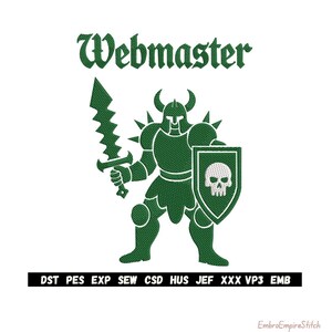 Może przedstawiać: Zielony haftowany wzór przedstawiający średniowiecznego rycerza trzymającego poszarpaną szablę i tarczę z czaszką. Nad rycerzem napis "Webmaster". Poniżej formaty plików haftu.