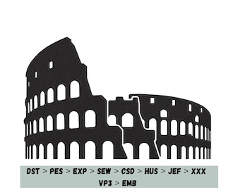 May include: Black silhouette of the Colosseum, a famous Roman amphitheater. The image includes text at the bottom: DST > PES > EXP > SEW > CSD > HUS > JEF > XXX, VP3 > EMB. The EmbroEmpireStitch logo is in the bottom right corner.