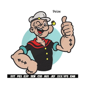 May include: Embroidered design of Popeye the Sailor Man winking and giving a thumbs up. He wears a black shirt with red trim, a white sailor hat, and has a yellow pipe. The design includes the text "9size" and file type abbreviations.