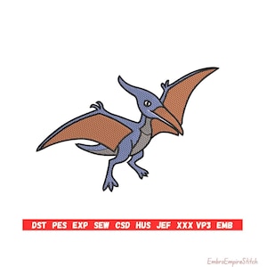 May include: A cartoon Pterodactyl in flight, rendered in blue, orange, and gray. The dinosaur has outstretched wings with a textured pattern. The image includes the text "DST PES EXP SEW CSD HUS JEF XXX VP3 EMB" in a red bar.