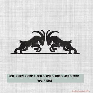 May include: Black silhouette of two mountain goats facing each other, horns interlocked, on a light gray background. The image includes text at the bottom: DST > PES > EXP > SEW > CSD > HUS > JEF > XXX, VP3 > EMB, and EmbroEmpireStitch.