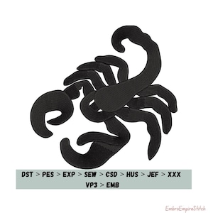 May include: A black scorpion design, likely an embroidery file, is displayed against a white background. The scorpion is detailed with curved claws, segmented body, and a curved tail. Below the scorpion are file type abbreviations. The EmbroEmpireStitch logo is in the bottom right.