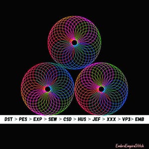 May include: Three vibrant, multicolored, circular designs with intricate, web-like patterns against a black background. The designs feature a spectrum of colors, including pink, blue, green, and yellow. Text at the bottom reads "DST > PES > EXP > SEW > CSD > HUS > JEF > XXX > VP3> EMB".