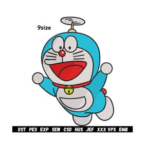 Puede incluir: Ilustración de dibujos animados de Doraemon, un gato robot azul, con un collar rojo y una campana. La imagen incluye el texto "9size" y una barra negra con formatos de archivo de bordado.