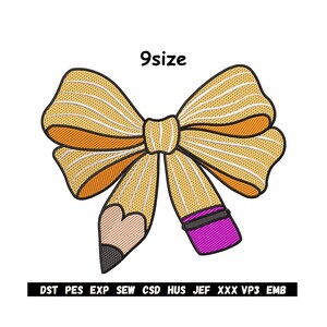 Könnte beinhalten: Ein gelbes schleifenförmiges Design mit Bleistiftdetails, das eine Bleistiftspitze und einen Radiergummi aufweist. Das Design enthält den Text "9size" und eine Liste von Dateiformaten. Die Schleife hat orange und weiße Akzente.