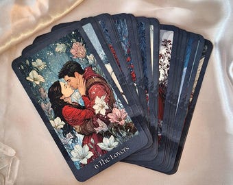 Winter Fairytale Tarot Deck in Blue and Red, Dark Romance Major Arcana Divination Cards, Medieval Floral Oracle Pack, Artistic Nature Tarot