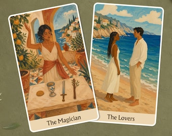 May include: Two rectangular tarot cards titled The Magician and The Lovers. The Magician card shows a person in a white dress with a table holding a cup, sword, and wand. The Lovers card depicts two people standing on a beach by the sea.