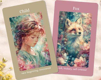 Może przedstawiać: Dwie karty wróżebne z akwarelowymi ilustracjami. Jedna karta przedstawia młodą dziewczynę z napisem "Child" i "new beginning, innocence". Druga karta przedstawia lisa z napisem "Fox" i "work, trickery, self-interest."