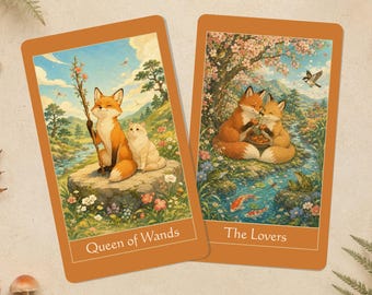 Könnte beinhalten: Zwei rechteckige Tarotkarten mit orangefarbenen Rändern. Die linke Karte, Queen of Wands, zeigt einen Fuchs mit einem Stab neben einer weißen Katze auf einem Felsen. Die rechte Karte, The Lovers, zeigt zwei Füchse, die Früchte teilen.