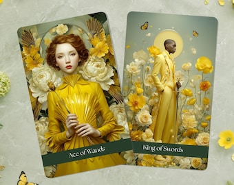 May include: Two rectangular tarot cards featuring yellow floral themes. The left card shows a person in a yellow dress holding a fan with the text Ace of Wands. The right card shows a person in a yellow suit holding a sword with the text King of Swords.