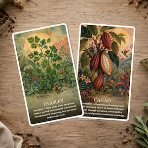 May include: Two rectangular cards featuring botanical illustrations. The left card shows parsley with the text 'PARSLEY' and a description of renewal. The right card depicts a cacao tree with pods, the text 'CACAO', and a description of connection.