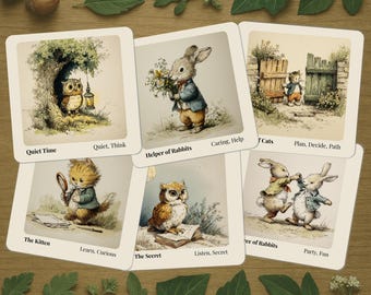 Könnte beinhalten: Ein Satz von sechs quadratischen Karten mit skurrilen Illustrationen von Tieren in verschiedenen Szenen. Die Karten zeigen eine Eule, ein Kaninchen, ein Kätzchen und andere Tiere. Jede Karte hat einen Titel und Schlüsselwörter.