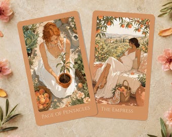 Könnte beinhalten: Zwei rechteckige Tarotkarten mit pfirsichfarbenen Rändern. Die linke Karte mit der Aufschrift Page of Pentacles zeigt eine Person in einem weißen Kleid, die eine Topfpflanze hält. Die rechte Karte, The Empress, zeigt eine Person in einem weißen Kleid.
