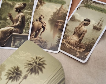 May include: A deck of tarot cards with sepia-toned illustrations. Three cards are visible: "Queen of Cups," "Knight of Cups," and "Two of Swords." The deck features images of people, landscapes, and a ship. The bottom card shows palm trees.