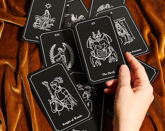 Black Gothic Tarot Cards, Minimalist Monochrome Indie Deck, Original Artistic Oracle Set with Simple Design, Unique Art Full 78 Tarot Pack