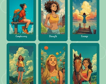 Anime Theme Oracle Card Deck in Teal, Cute Feminine Divination Set for Women, Fun Cards for Spiritual Reading, Indie Cards with Original Art
