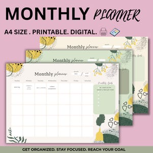 May include: A set of three printable monthly planners with a soft color palette. Each planner features a calendar layout, a section for monthly goals, and decorative floral and abstract elements. The top text reads "MONTHLY PLANNER".