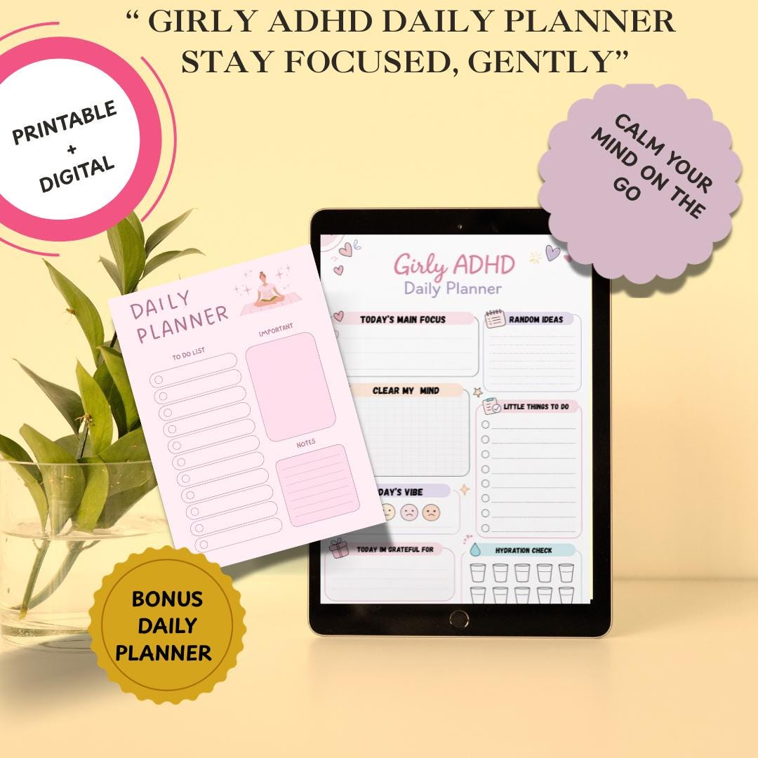 ADHD Daily Planner Printable: Girly Focus Gentle Productivity (digital ...