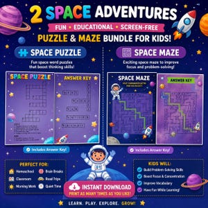 May include: A 2 Space Adventures puzzle and maze bundle for kids featuring a space puzzle with an answer key and a space maze with an answer key. The design includes illustrations of planets, stars, and an astronaut in a white suit on a dark blue background with text including Space Puzzle, Space Maze, and Instant Download.