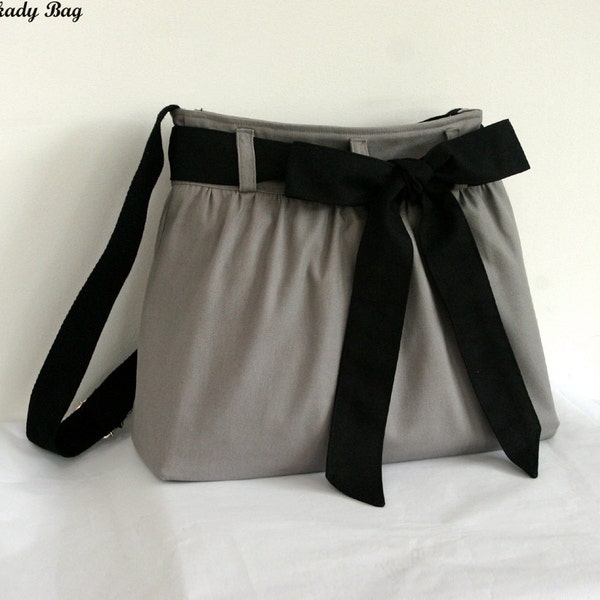 SALE - Gray Messenger Bag with Black Bow Sash / Shoulder Bag / Tote Diaper bag /  Cute Handbag / Bow