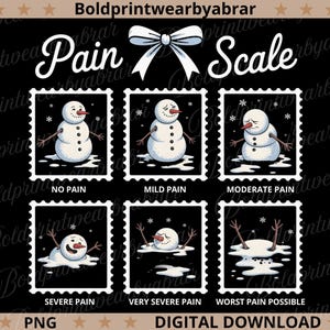 May include: A black graphic with a pain scale featuring a snowman in various states of distress. The scale ranges from "No Pain" to "Worst Pain Possible." Text includes "Pain Scale" and "Digital Download."
