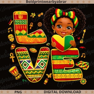 May include: Digital illustration featuring the word "LOVE" in vibrant red, yellow, and green patterns, with African-inspired designs. A smiling girl with a matching headband holds a heart-shaped flag. The image includes musical notes and decorative elements.