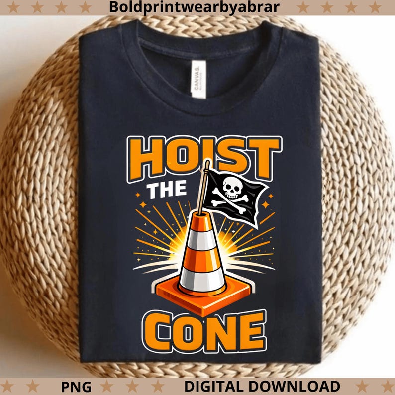 May include: Black t-shirt with a graphic of a traffic cone and a pirate flag, with the words "HOIST THE CONE" in orange and white. The design includes a skull and crossbones on the flag and orange rays emanating from the cone.