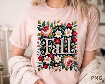 Trendy Faux Embroidery Fall Flower Png, Fall Vibes Png, Preppy Fall Png, Floral Autumn Png, Pumpkin Season Png, Boho Fall Shirt Design