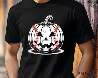 May include: Black t-shirt featuring a white pumpkin design with baseball stitching and a carved jack-o'-lantern face. The pumpkin has a stem and is set on a white oval base. The design combines Halloween and baseball themes.