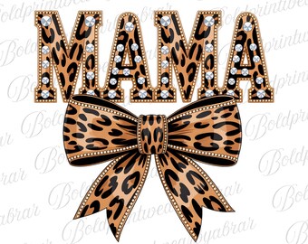 Mama Leopard Bow PNG | Mama Rhinestone Leopard Print Design | Mom Sublimation PNG